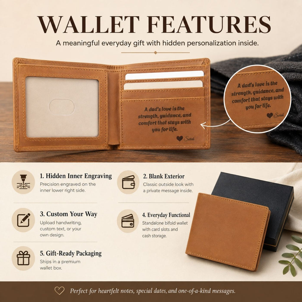 Wallet feature highlights showing hidden inner engraving and blank exterior