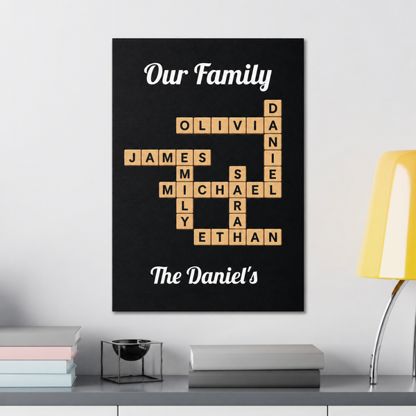 Family crossword canvas sign with interlocking family names