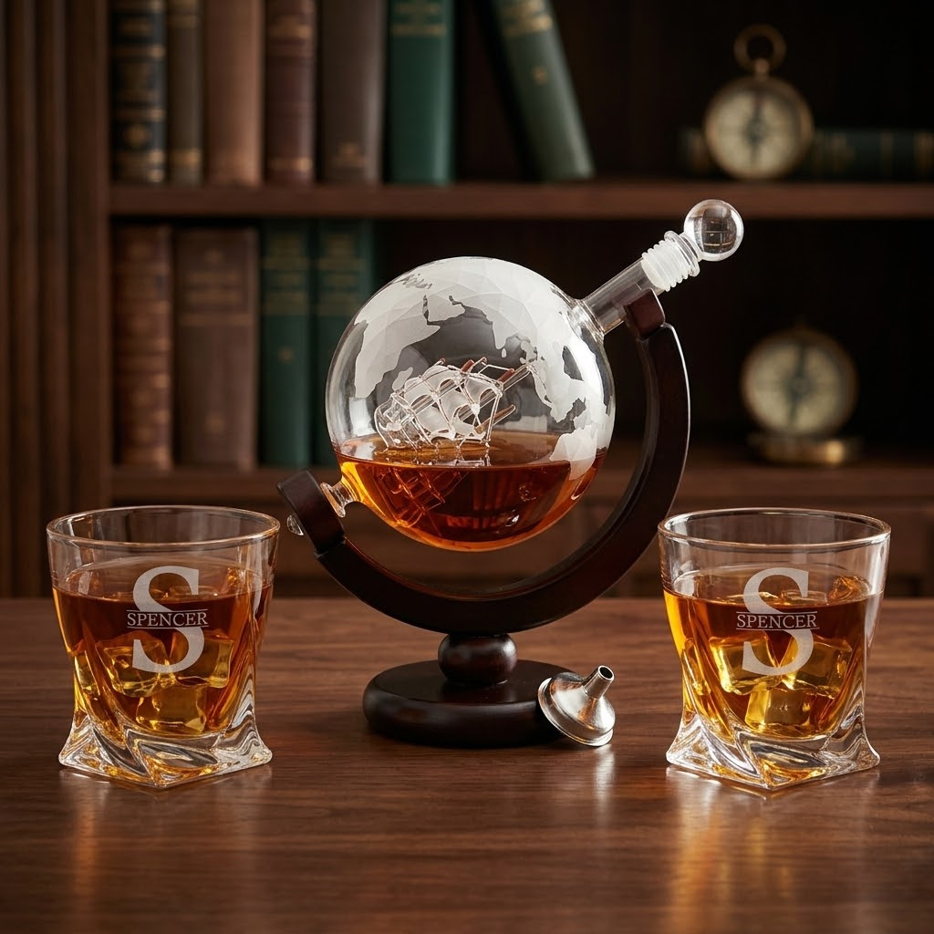 Personalized Globe Whiskey Decanter Set