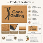 Gone Golfing doormat product features: coir material, size chart, and care instructions