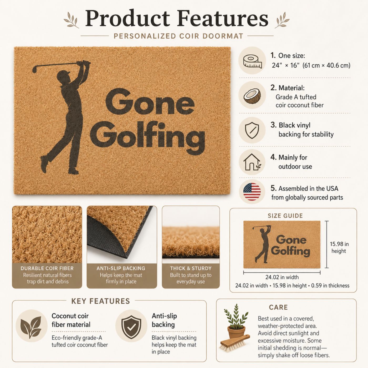 Gone Golfing doormat product features: coir material, size chart, and care instructions