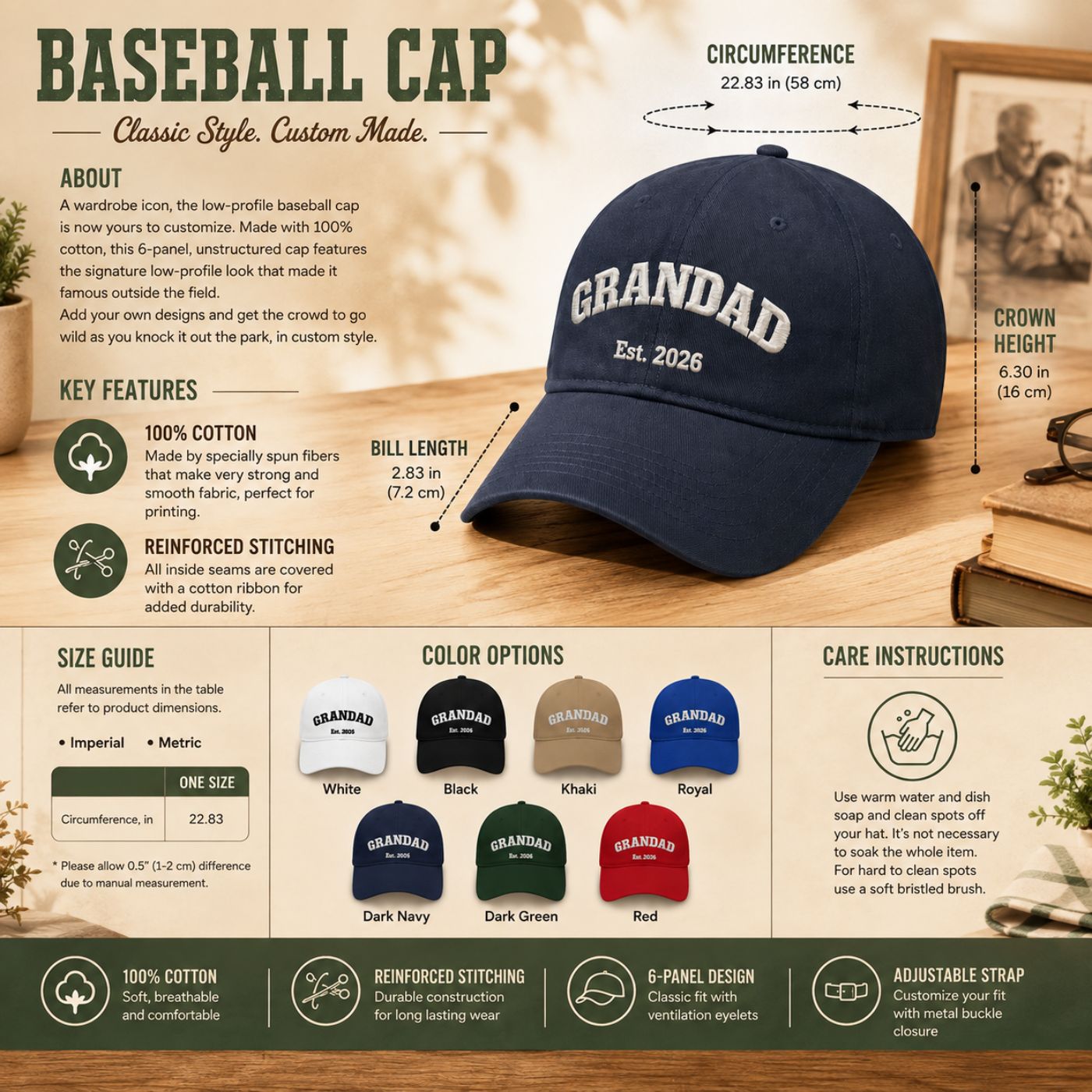 Embroidered Grandad Est. Hat in black, personalized with grandpa's est. year