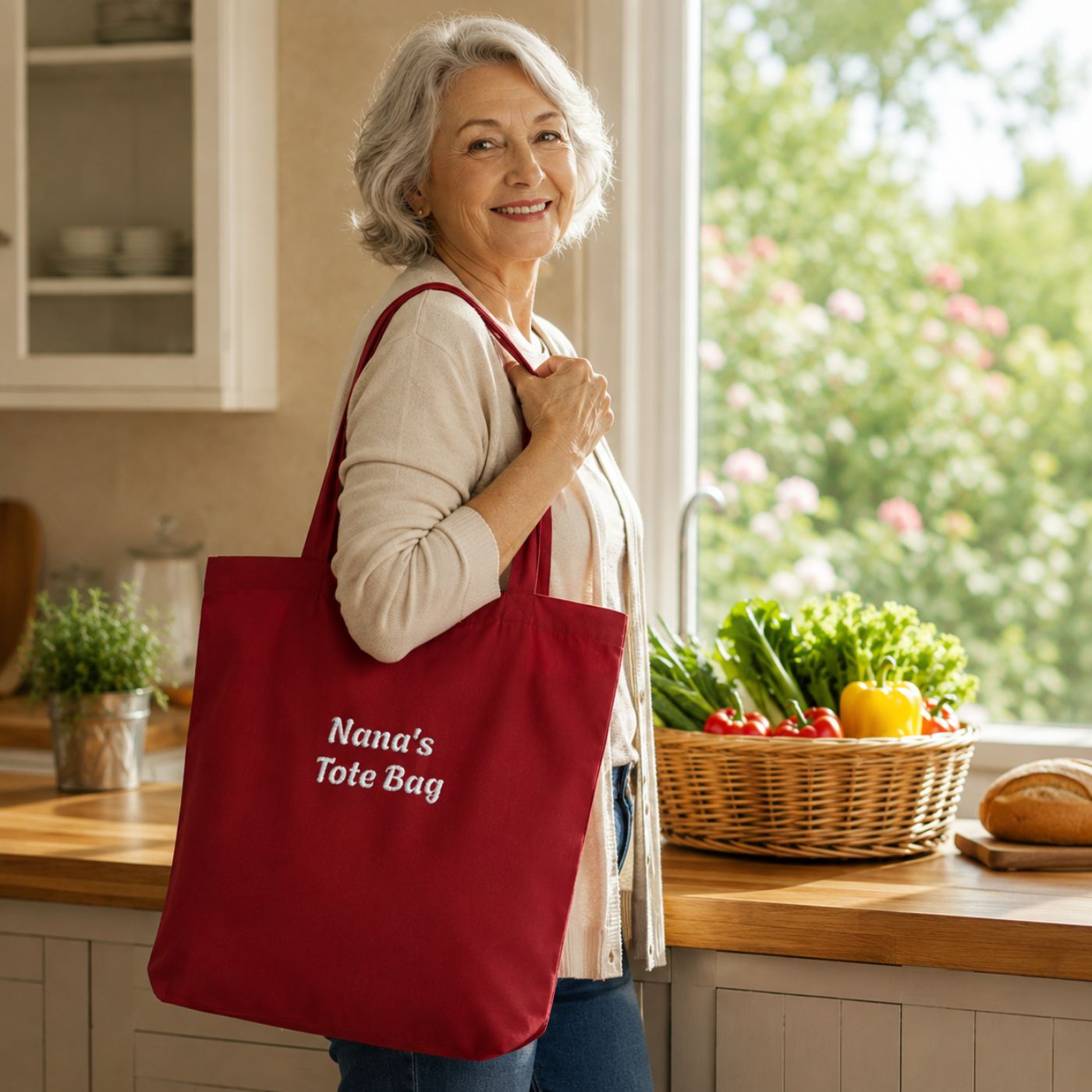 Personalized red cotton tote bag embroidered with "Nana's Tote Bag" held by grandmother in kitchen