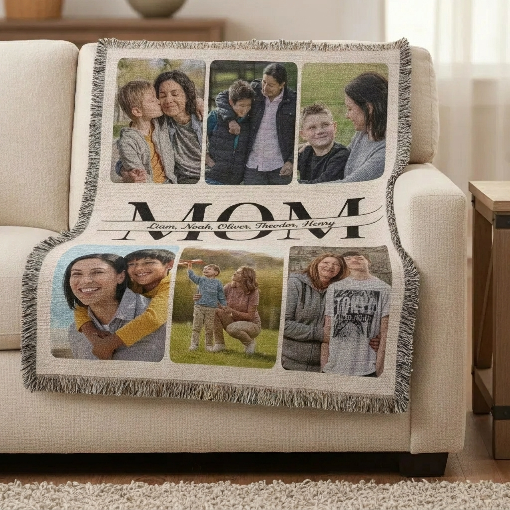 Personalized Mom and Kids Photo Woven Blanket