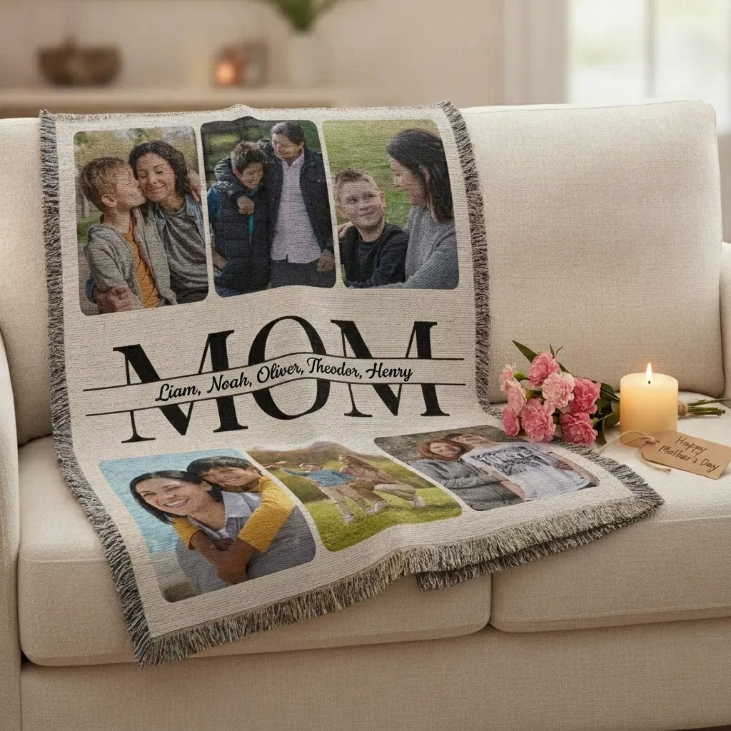 Personalized Mom and Kids Photo Woven Blanket