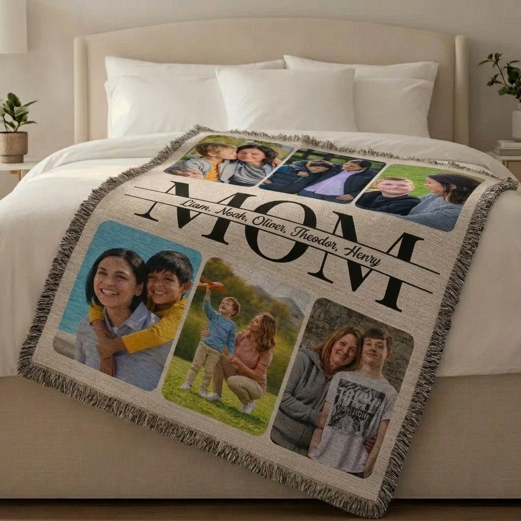 Personalized Mom and Kids Photo Woven Blanket