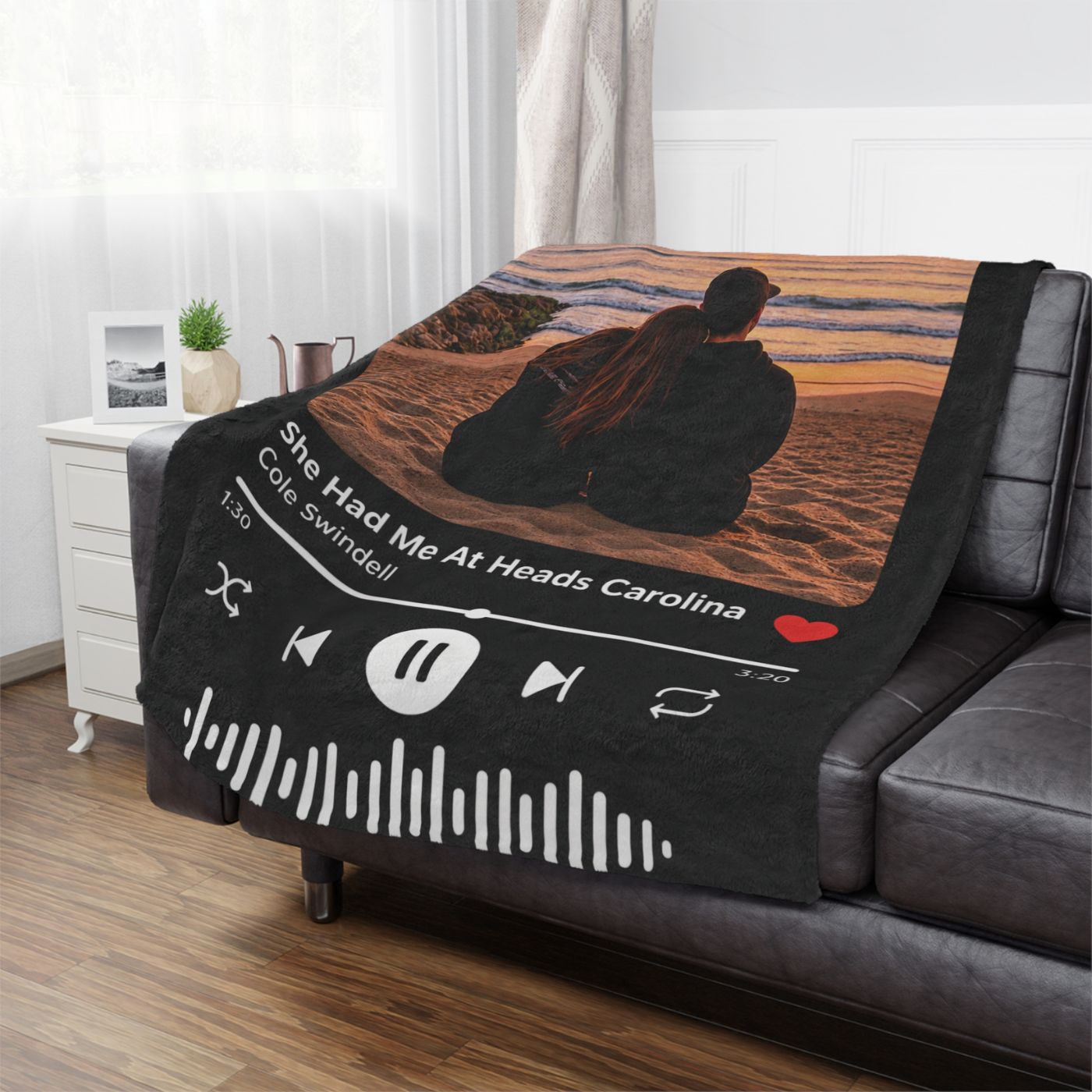 Personalized song photo blanket with couple's photo and music player design showing song name and artist
