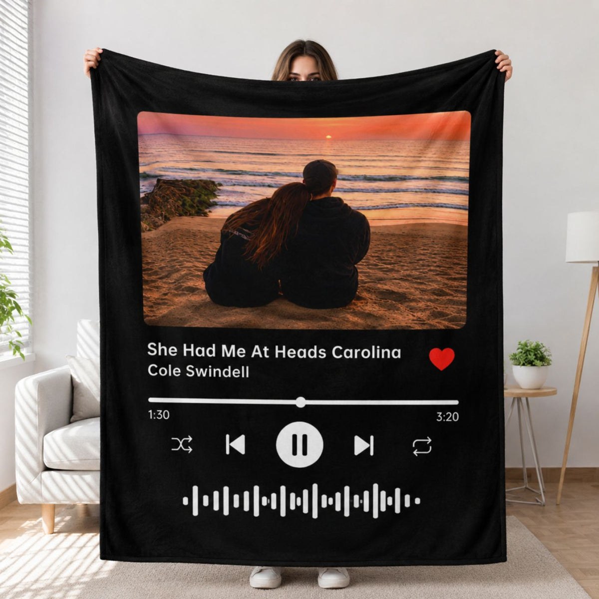 Personalized song photo blanket with couple's photo and music player design showing song name and artist