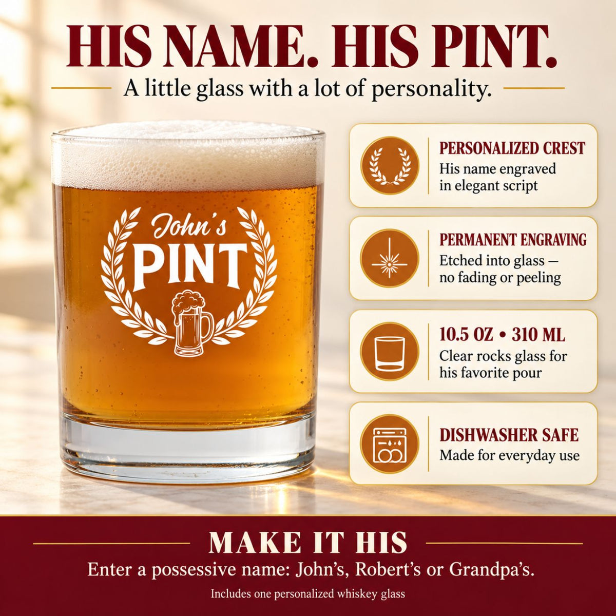Personalized Pint Crest Whiskey Glass