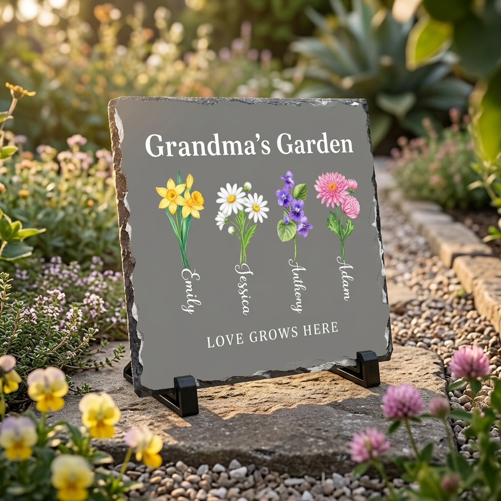 Grandma's Garden Birth Flower Slate Plaque with Grandkids Names
