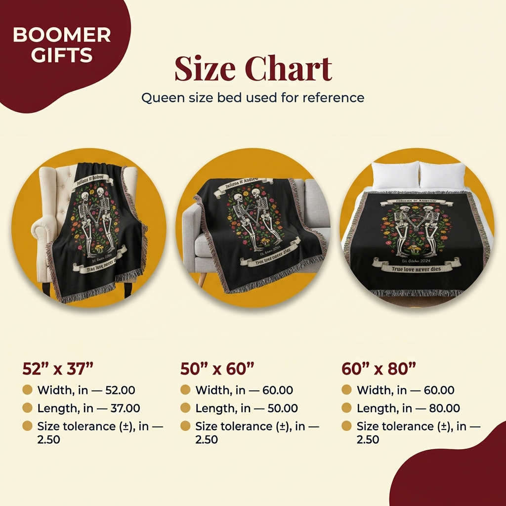 Boomer Gifts skeleton woven blanket size chart showing 52x37 50x60 and 60x80 inch options