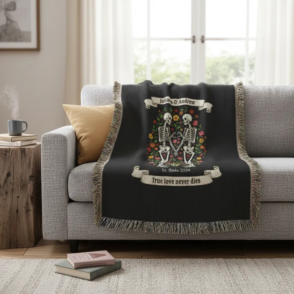 Personalized skeleton couples woven blanket draped over gray sofa in bright living room