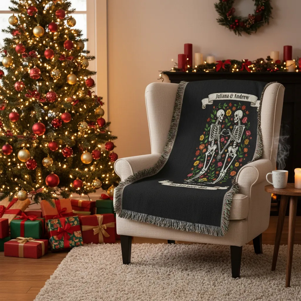 Personalized skeleton woven blanket on armchair beside Christmas tree and decorated fireplace