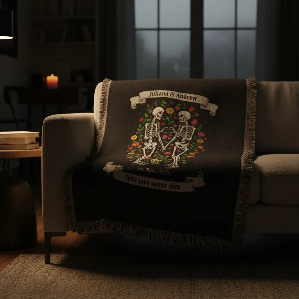 Skeleton couples blanket with True Love Never Dies text draped over sofa in moody evening setting