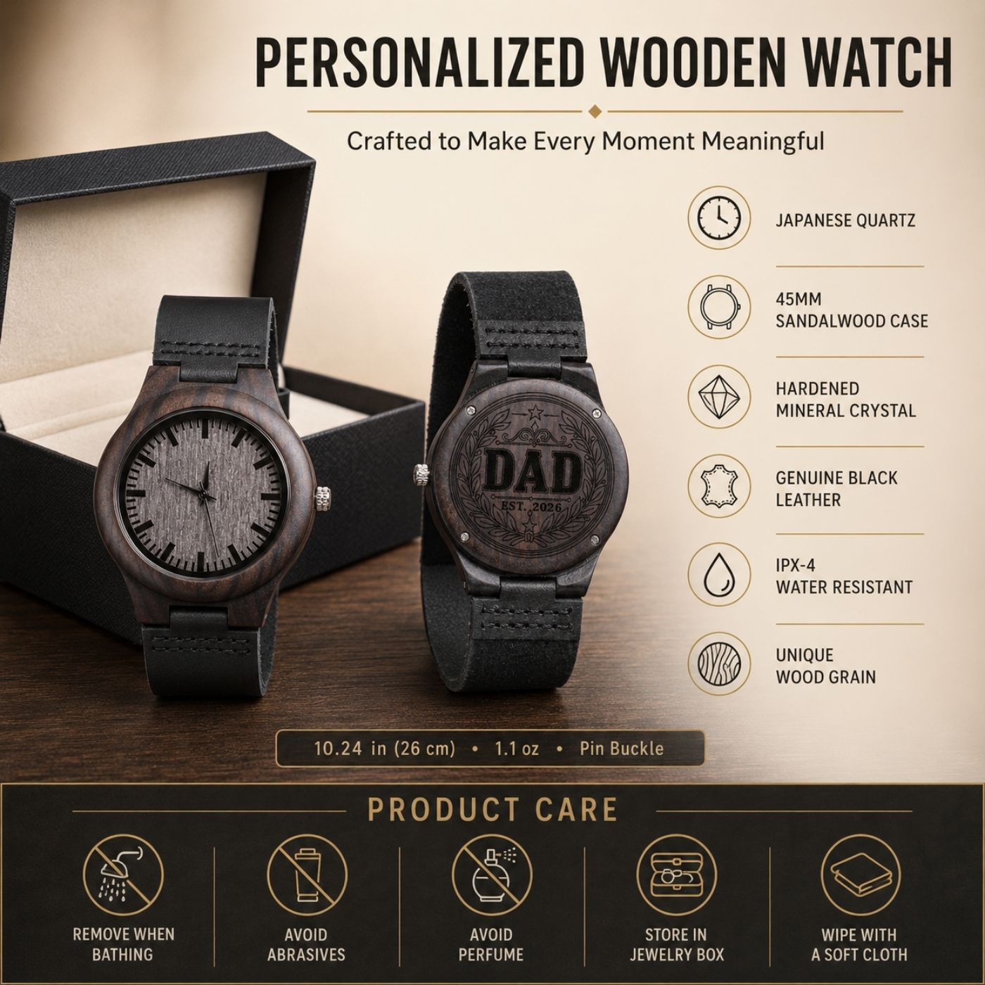 Hand holding an engraved wood watch showing DAD EST 2026 wreath design on the case back