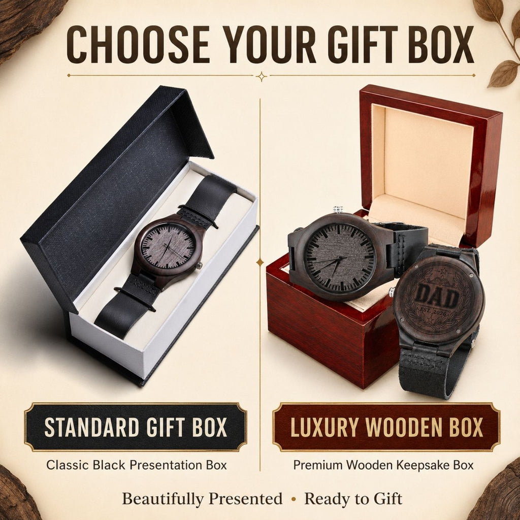 Hand holding an engraved wood watch showing DAD EST 2026 wreath design on the case back