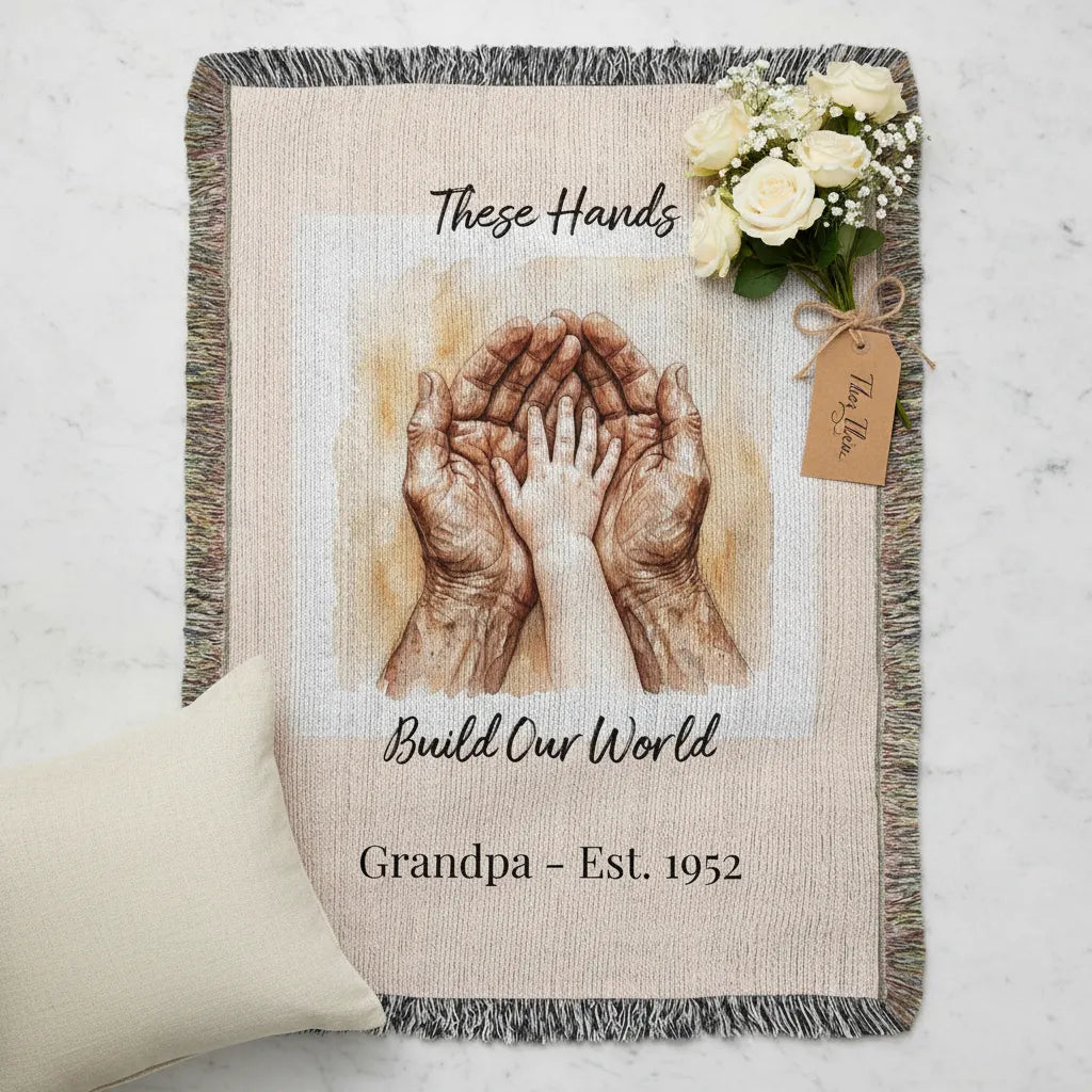 Heirloom Photo Woven Blanket (Portrait) Grandpa Grandchild holding hands