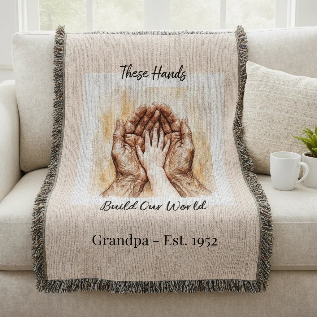 Heirloom Photo Woven Blanket (Portrait) Grandpa Grandchild holding hands