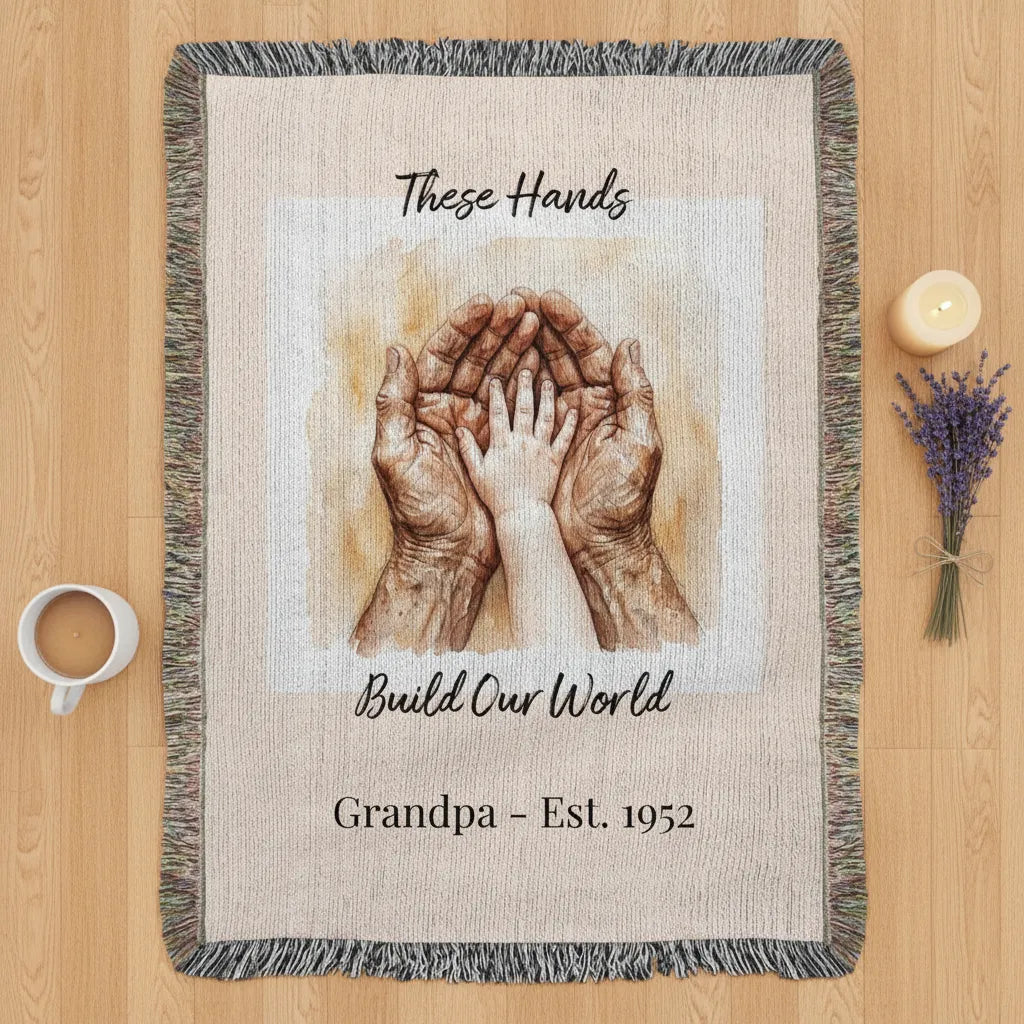 Heirloom Photo Woven Blanket (Portrait) Grandpa Grandchild holding hands