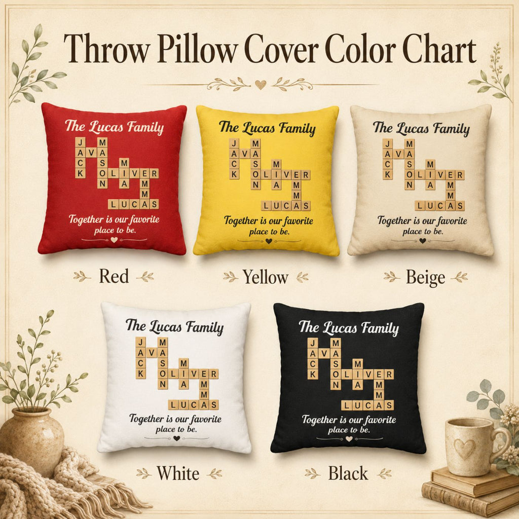 Two crossword family name pillows with grandkids' names styled on a couch