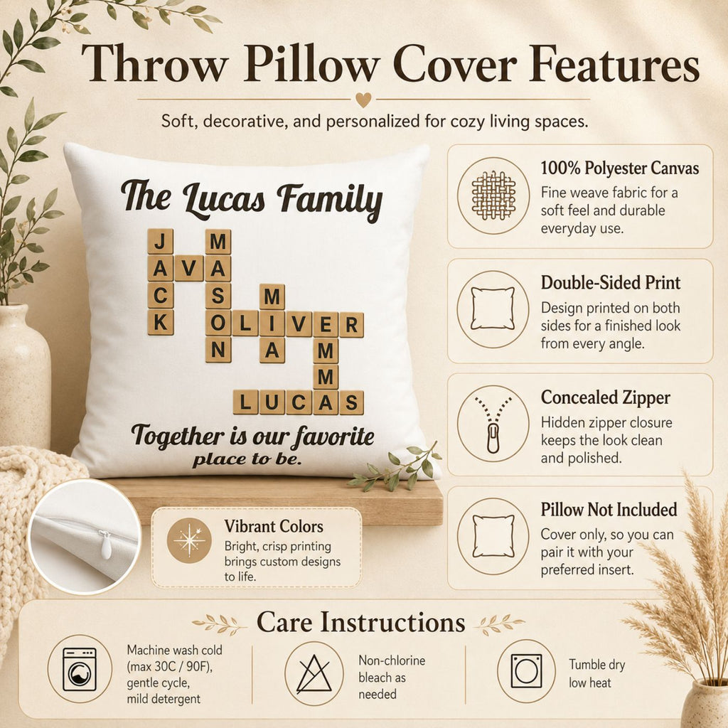 Two crossword family name pillows with grandkids' names styled on a couch