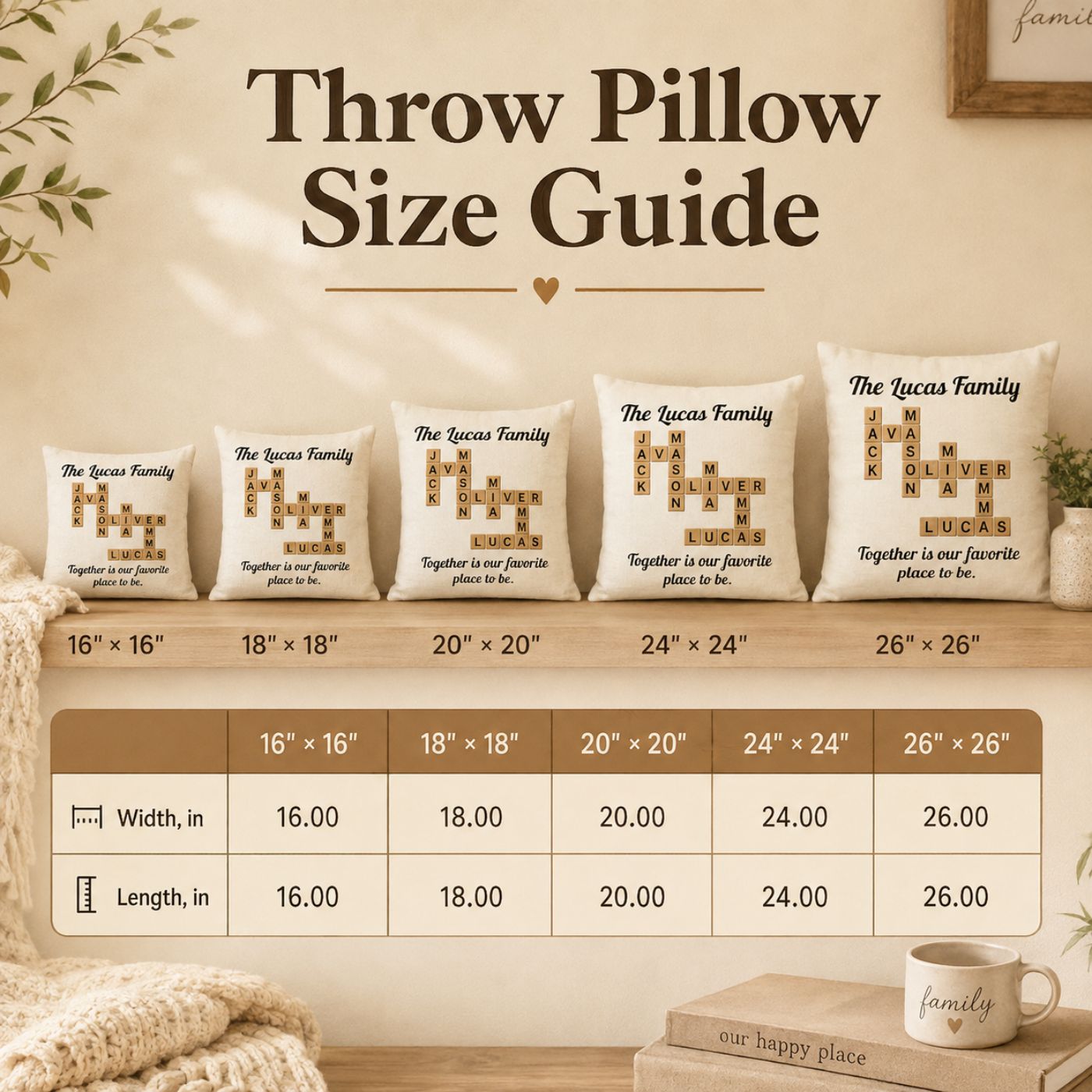 Two crossword family name pillows with grandkids' names styled on a couch