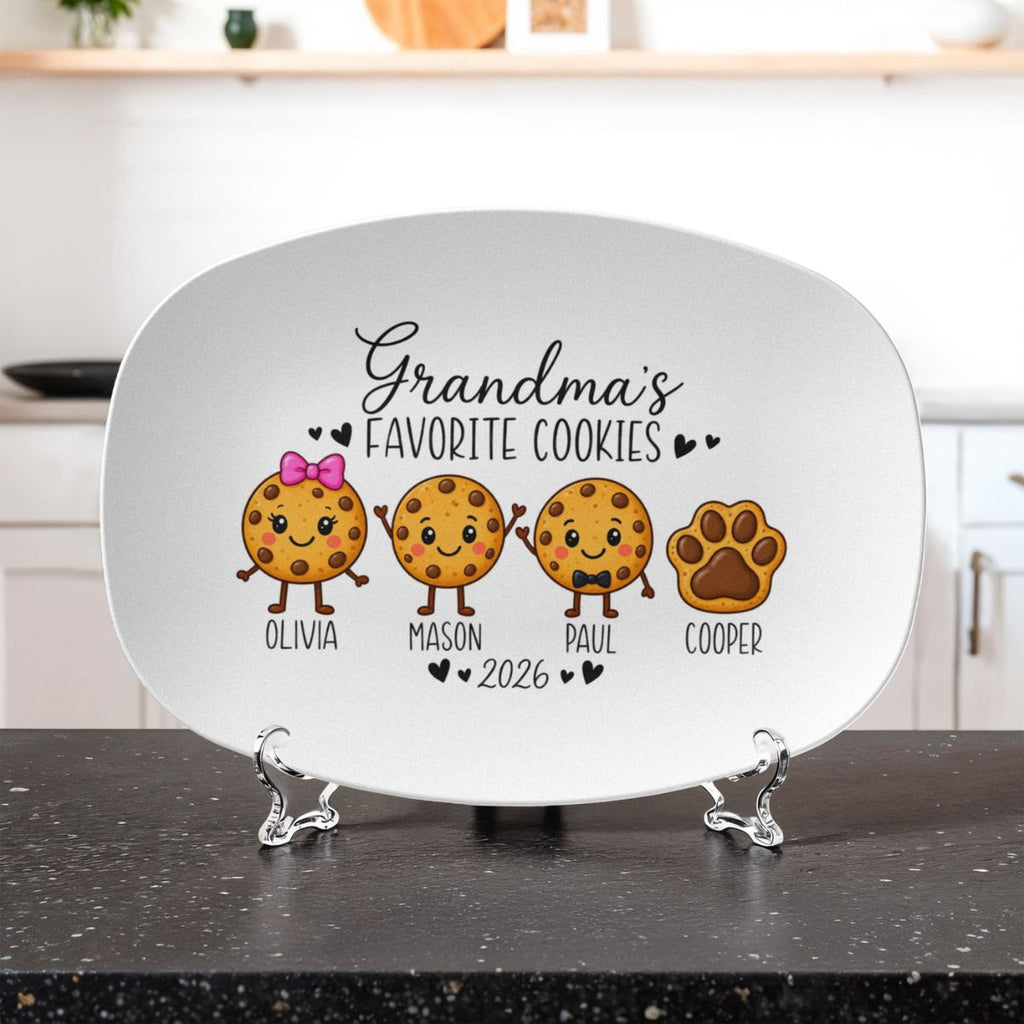Cookie character options for personalized grandma platter, 14 styles with bows, glasses, hats, and pet paw