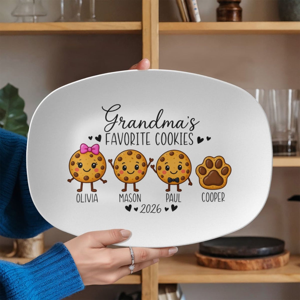Cookie character options for personalized grandma platter, 14 styles with bows, glasses, hats, and pet paw