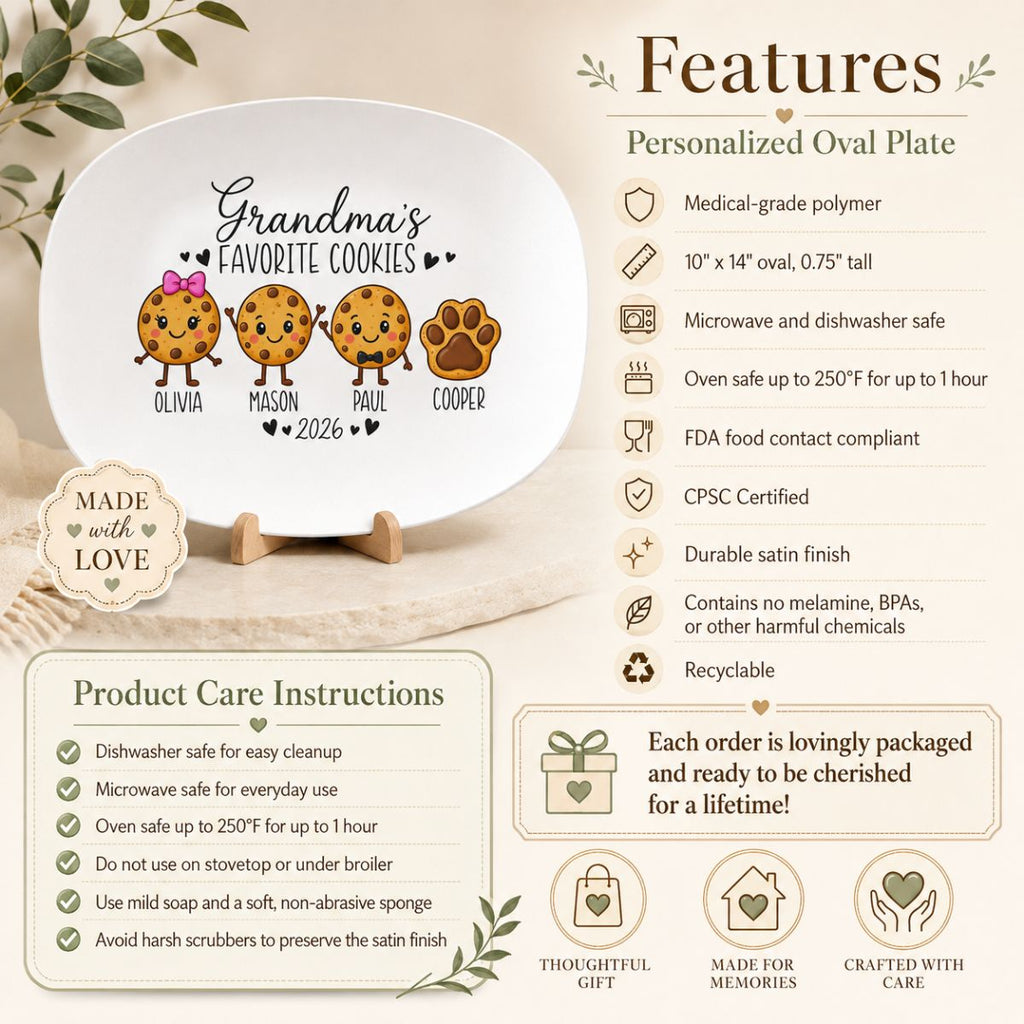 Cookie character options for personalized grandma platter, 14 styles with bows, glasses, hats, and pet paw