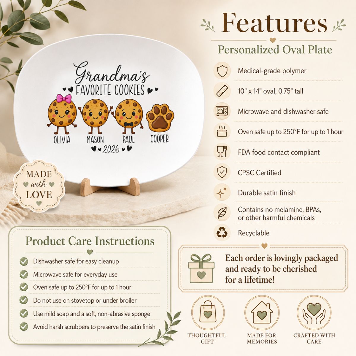 Cookie character options for personalized grandma platter, 14 styles with bows, glasses, hats, and pet paw