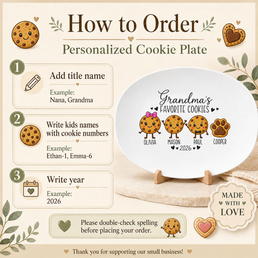 Cookie character options for personalized grandma platter, 14 styles with bows, glasses, hats, and pet paw