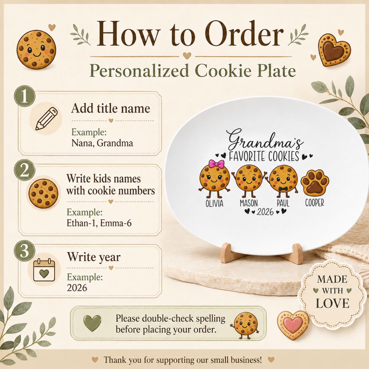 Cookie character options for personalized grandma platter, 14 styles with bows, glasses, hats, and pet paw