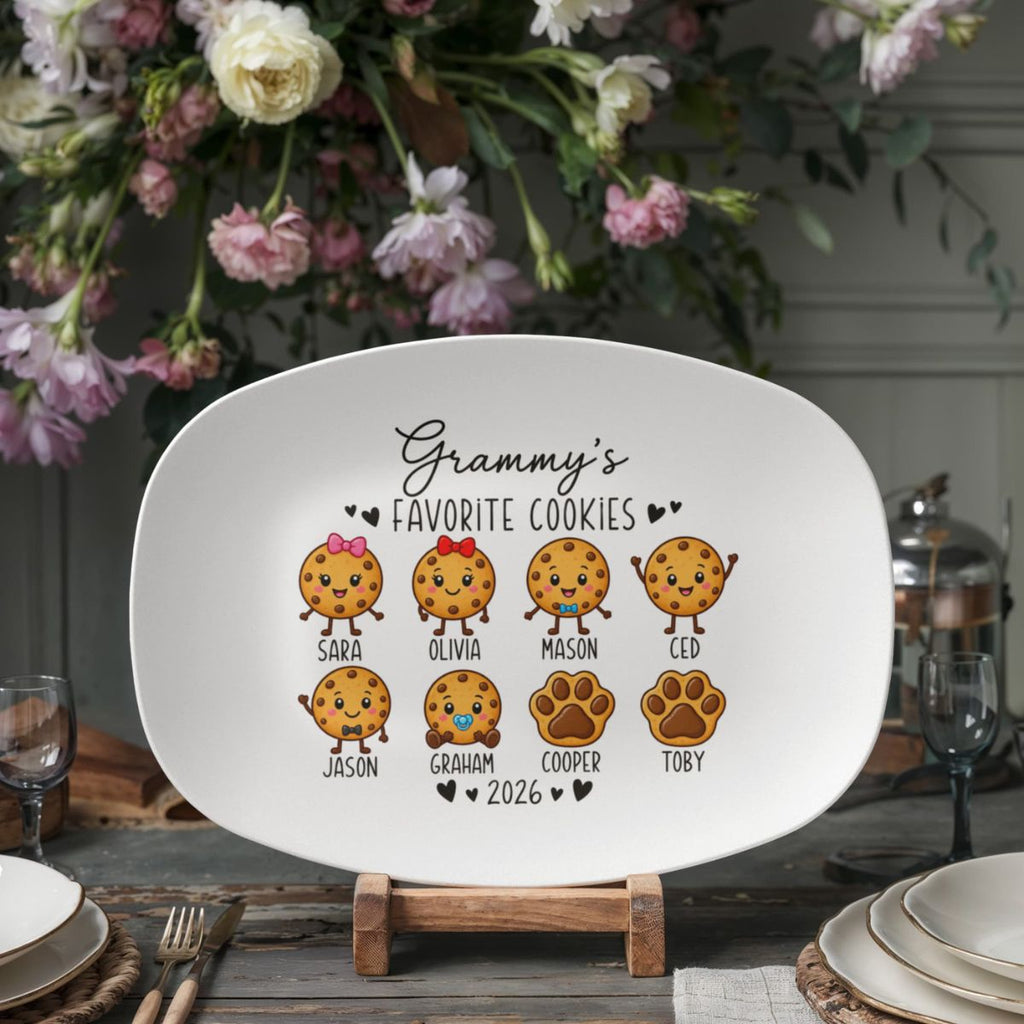 Cookie character options for personalized grandma platter, 14 styles with bows, glasses, hats, and pet paw