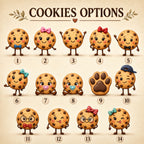 Cookie character options for personalized grandma platter, 14 styles with bows, glasses, hats, and pet paw