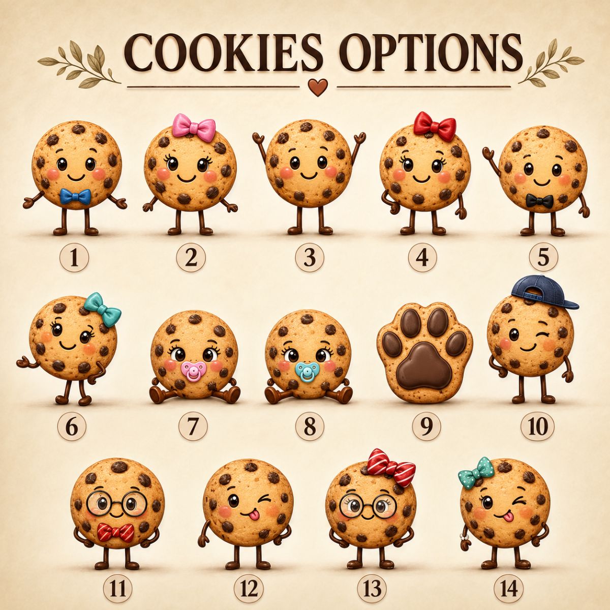 Cookie character options for personalized grandma platter, 14 styles with bows, glasses, hats, and pet paw