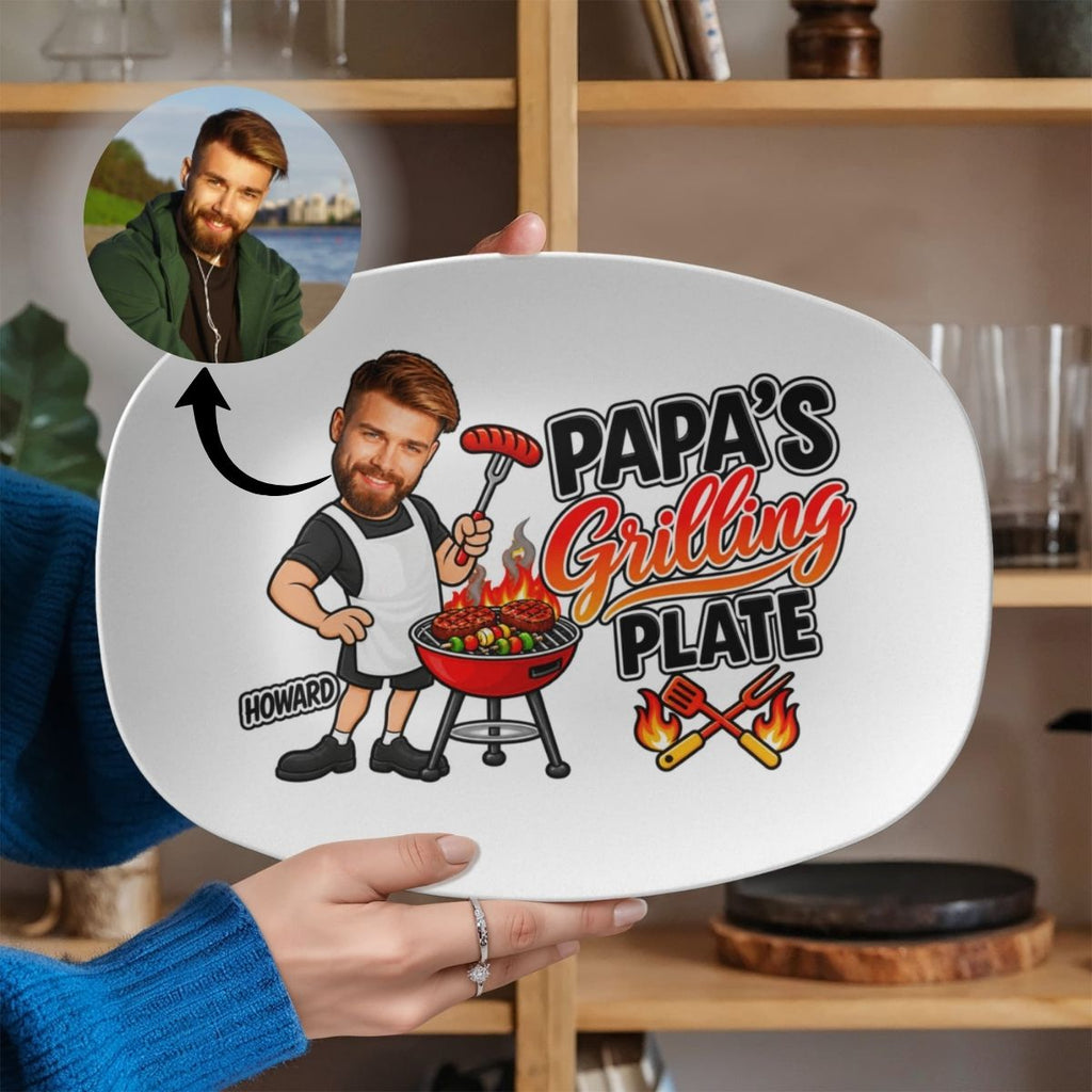 Personalized photo grilling platter ordering steps: add title, upload face photo, add name, custom platter