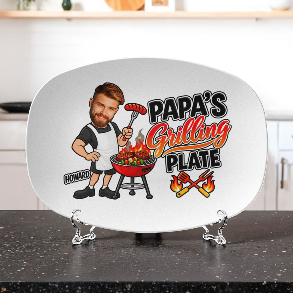 Personalized photo grilling platter ordering steps: add title, upload face photo, add name, custom platter