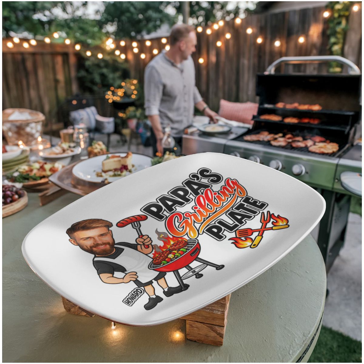 Personalized photo grilling platter ordering steps: add title, upload face photo, add name, custom platter