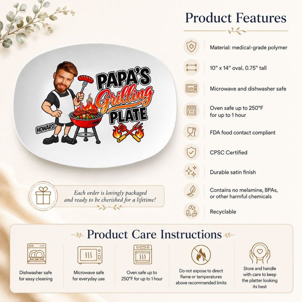 Personalized photo grilling platter ordering steps: add title, upload face photo, add name, custom platter
