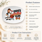 Personalized photo grilling platter ordering steps: add title, upload face photo, add name, custom platter