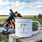 Good Morning Gigi We Love You camp mug personalized with three grandkids' names by a campfire