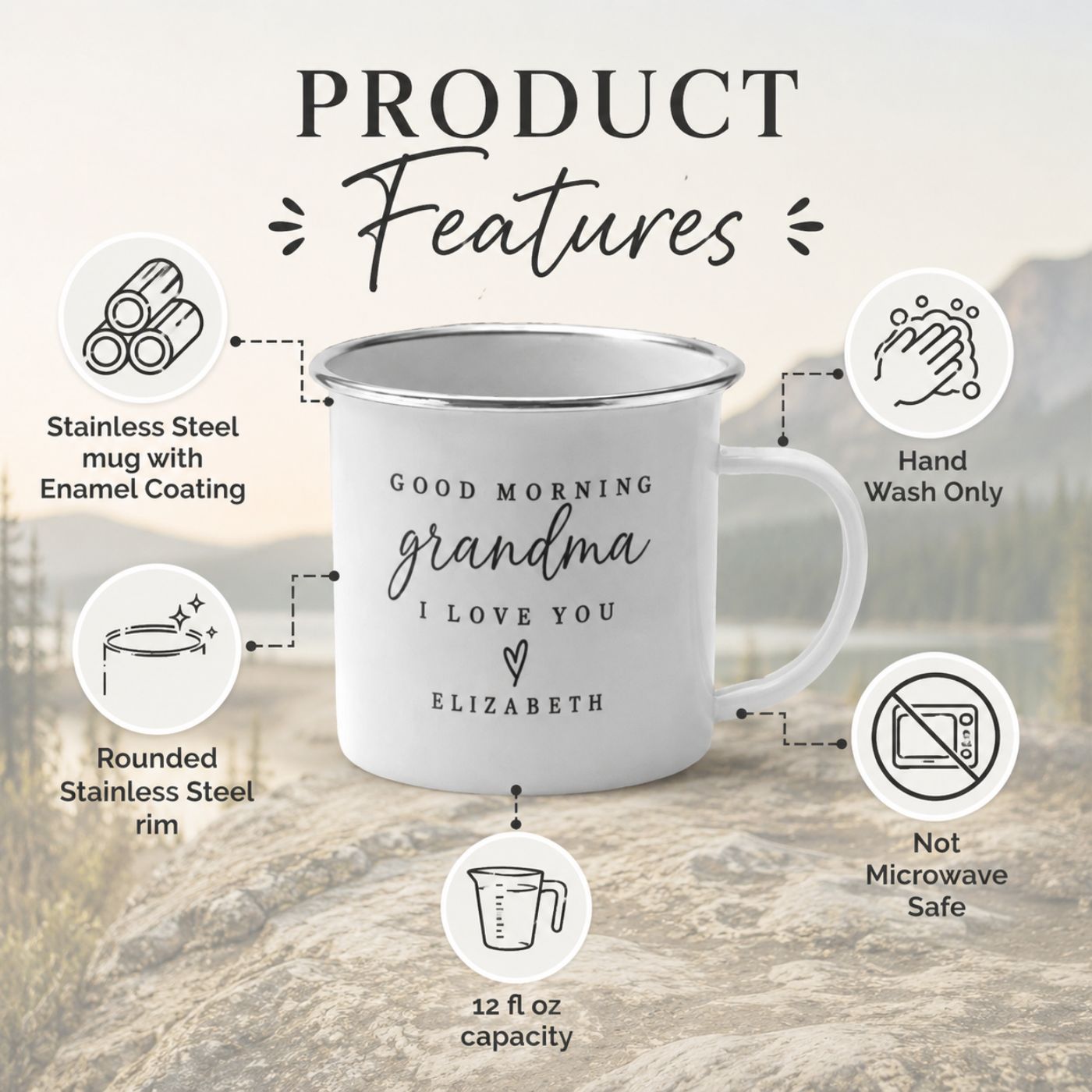 Product features of the enamel steel Good Morning Grandma personalized camp mug