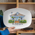 Custom house portrait platter ordering steps: upload house photo, add family name, add address, personalized platter'
