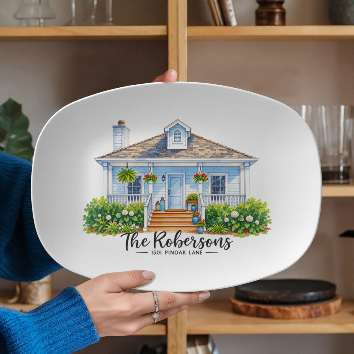 Custom house portrait platter ordering steps: upload house photo, add family name, add address, personalized platter'