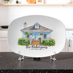 Custom house portrait platter ordering steps: upload house photo, add family name, add address, personalized platter'
