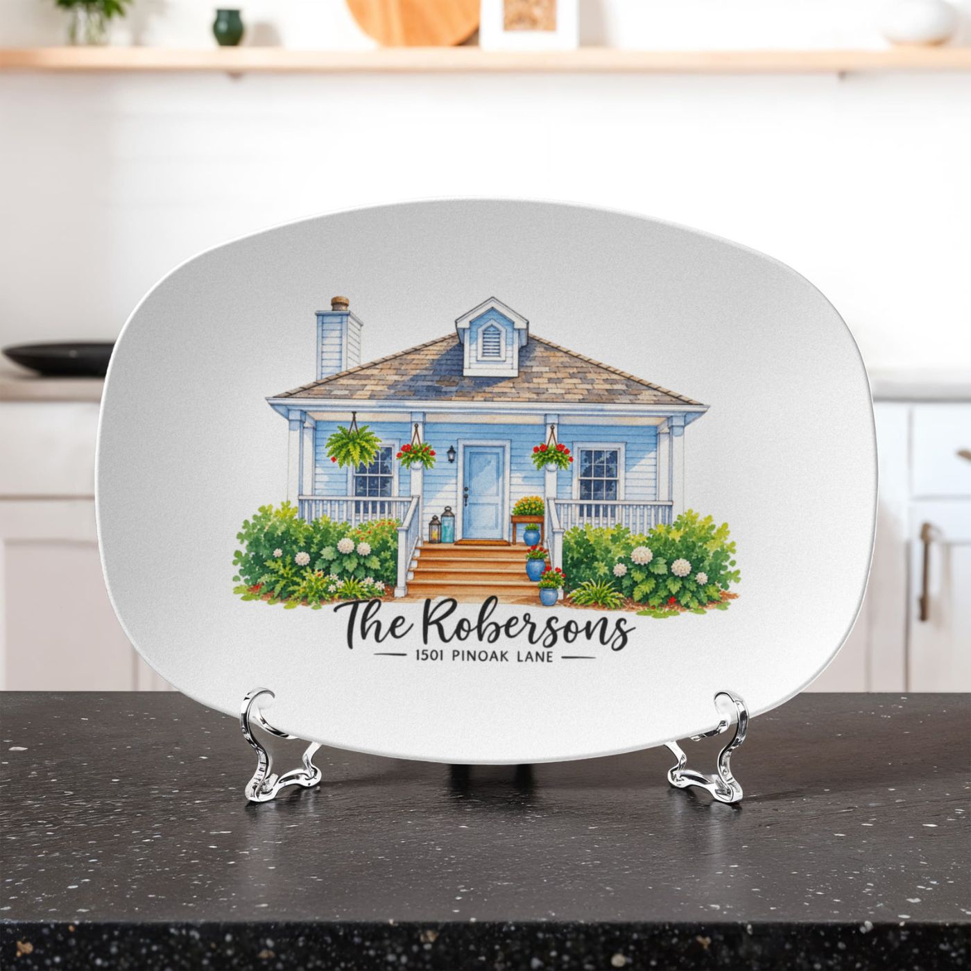 Custom house portrait platter ordering steps: upload house photo, add family name, add address, personalized platter'