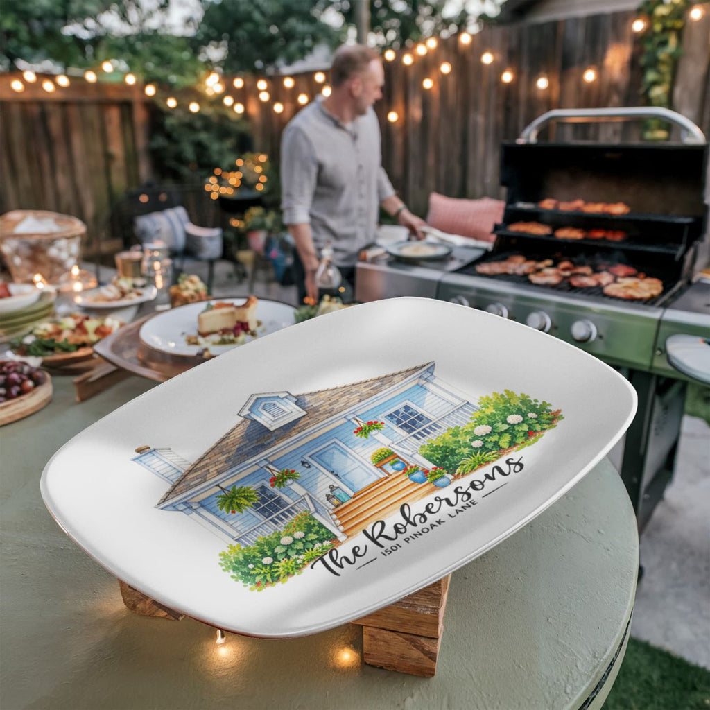 Custom house portrait platter ordering steps: upload house photo, add family name, add address, personalized platter'