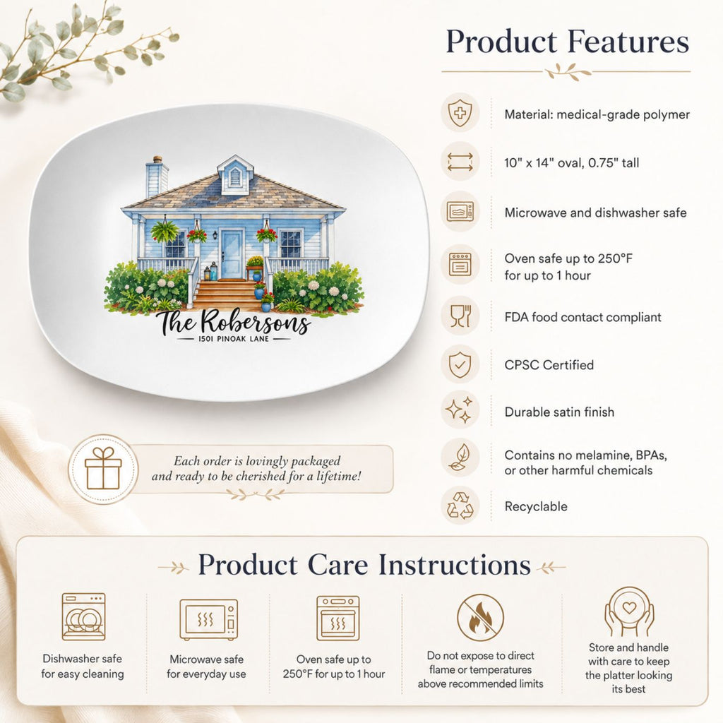Custom house portrait platter ordering steps: upload house photo, add family name, add address, personalized platter'