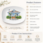 Custom house portrait platter ordering steps: upload house photo, add family name, add address, personalized platter'
