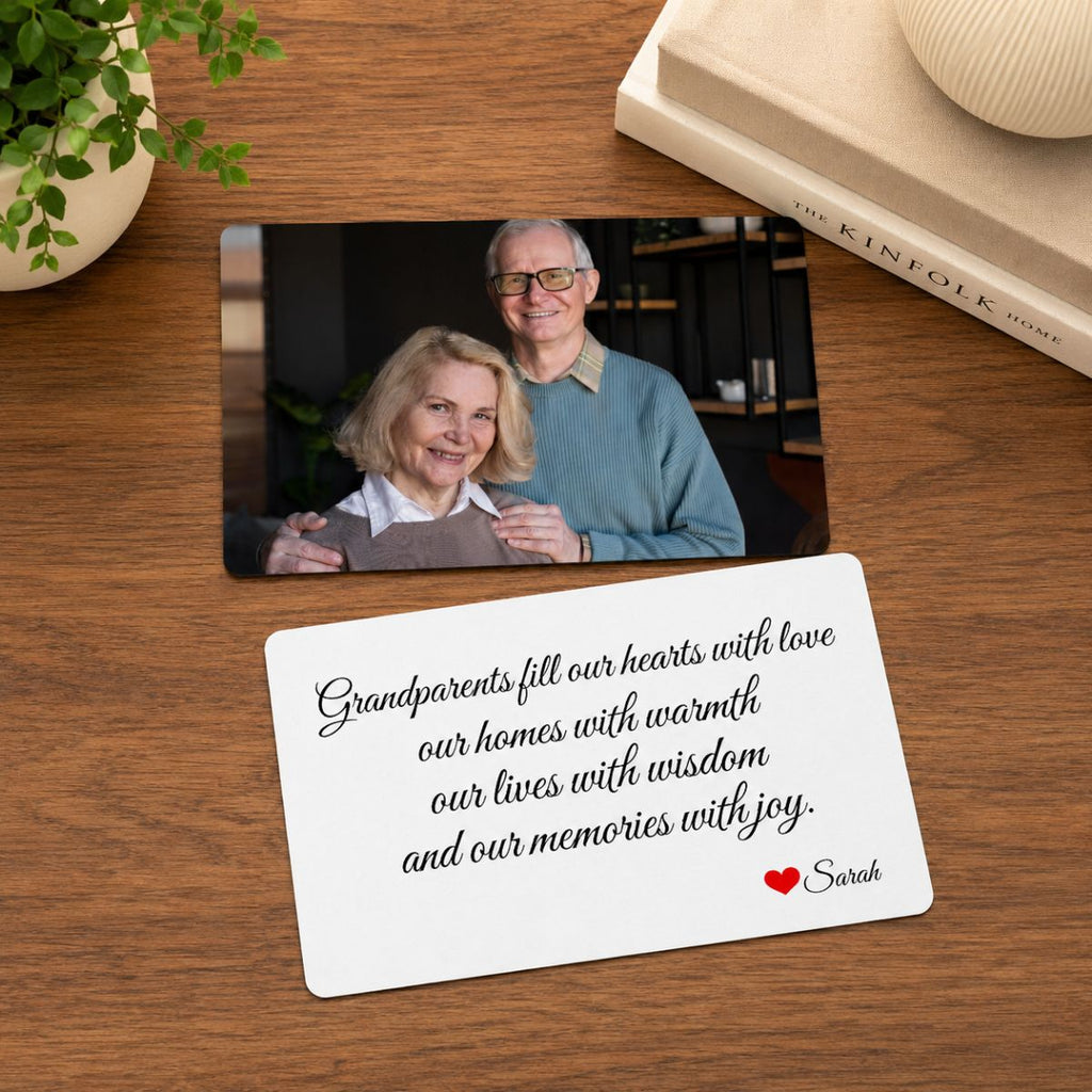 Personalized wallet card ordering steps: upload photo, add message, choose font, add sender name